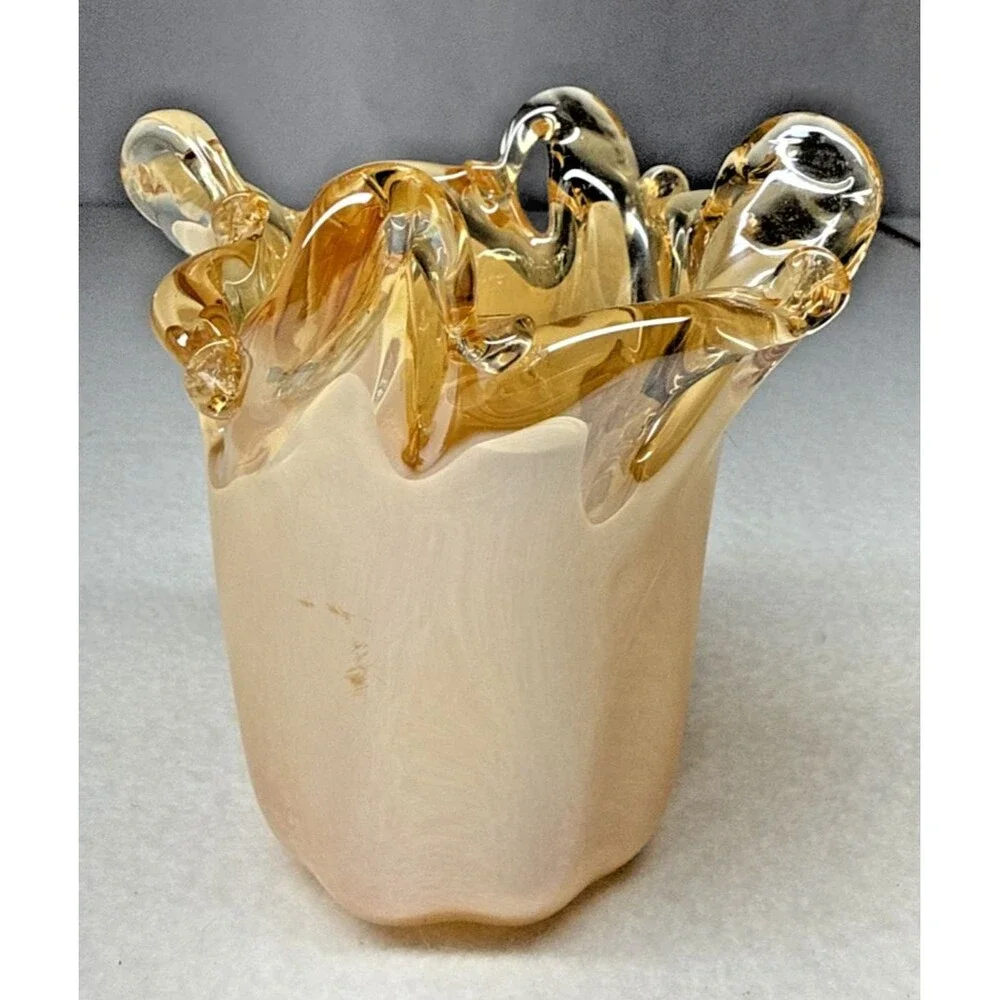 Murano Style Italian Art Glass Vase White Crystal Handmade Ruffled Edge